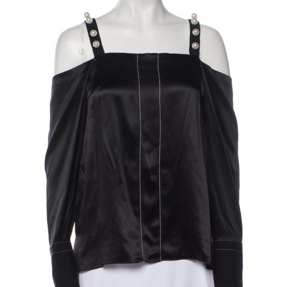 3.1 Phillip Lim Black Satin Cold-Shoulder Blouse with Pearl-Button Straps